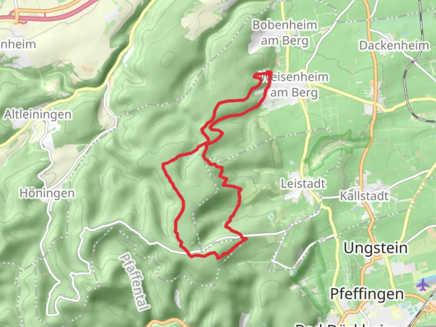 An image depicting the trail Peterskopf Loop - Weisenheim am Berg and its surrounding area.