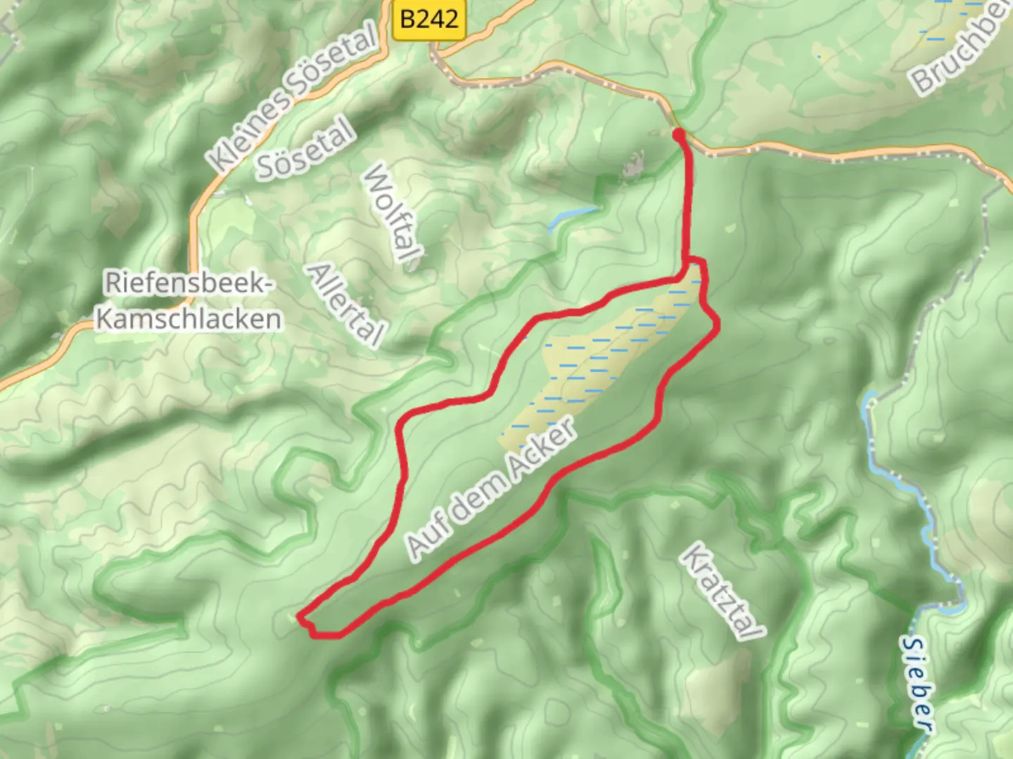 An image depicting the trail Auf dem Acker and Hanskuhenburg Loop and its surrounding area.