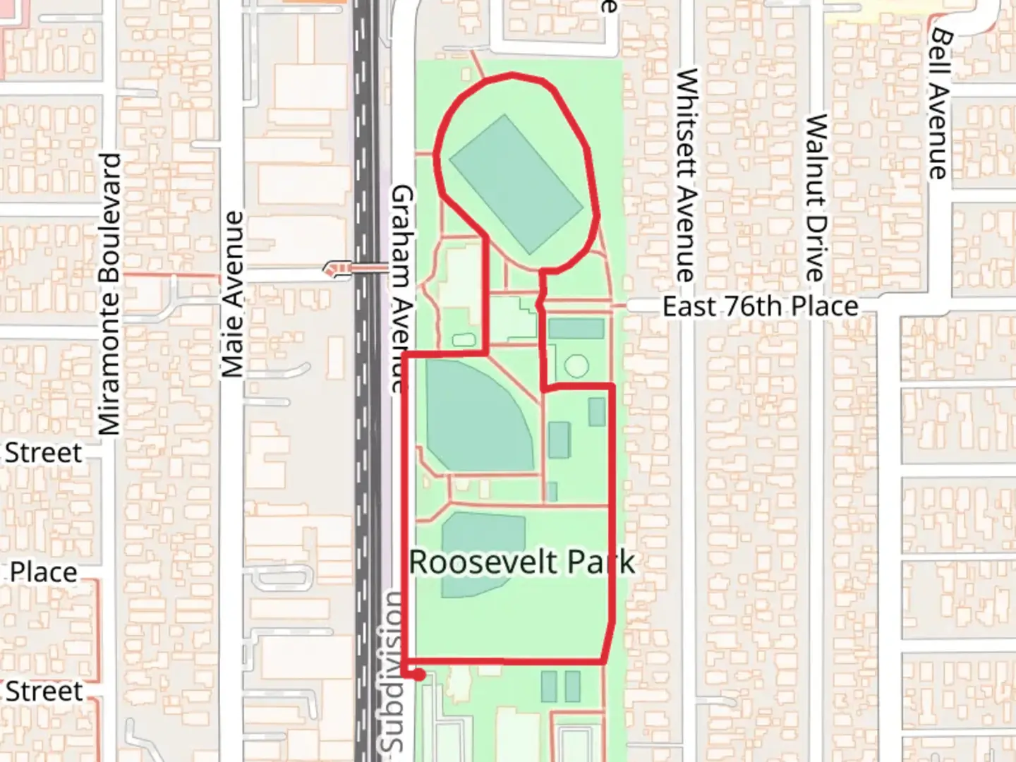 An image depicting the trail Roosevelt Park Loop and its surrounding area.