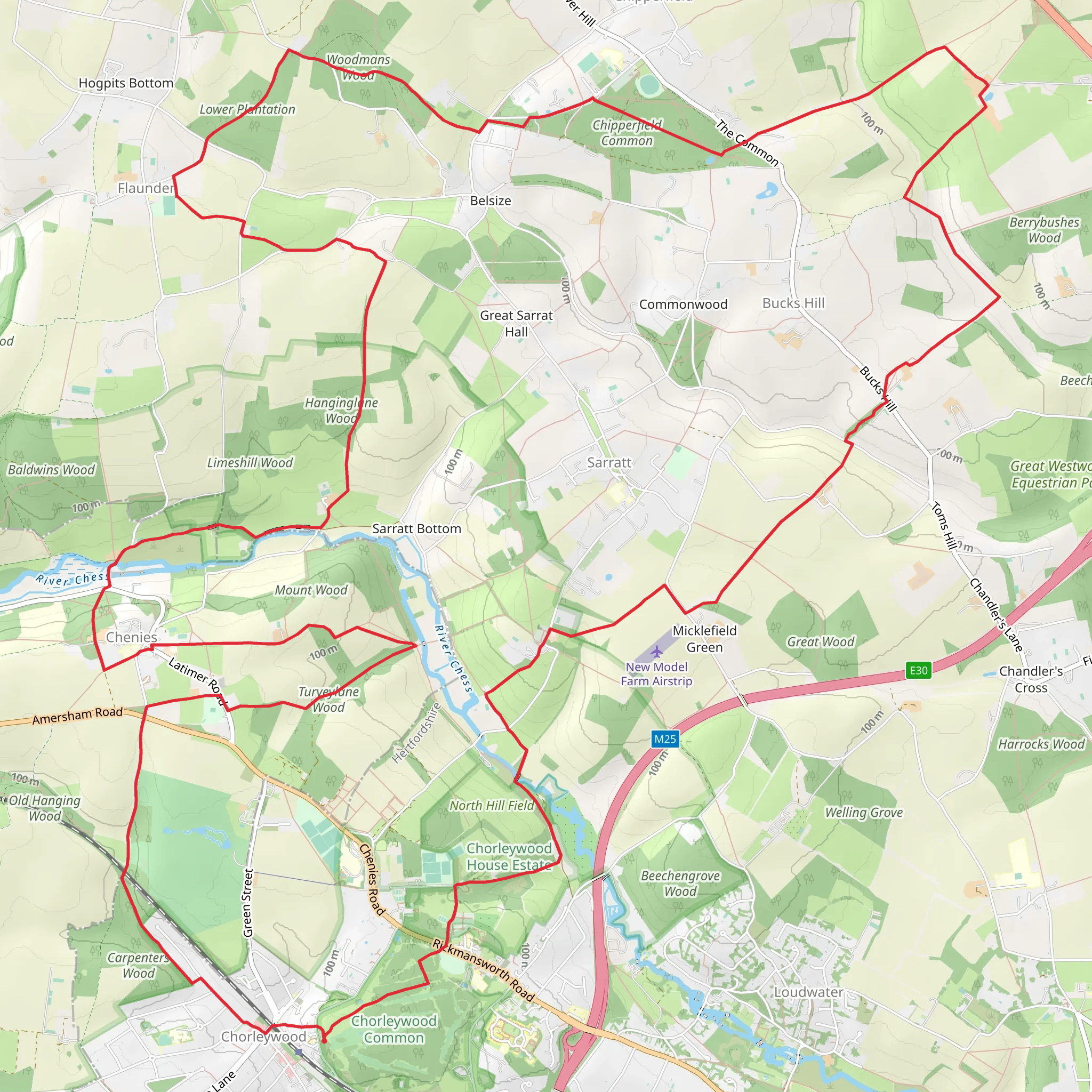 Chipperfield Common and Woodmans Wood via Chess Valley Walk and Hertfordshire Way mobile static map