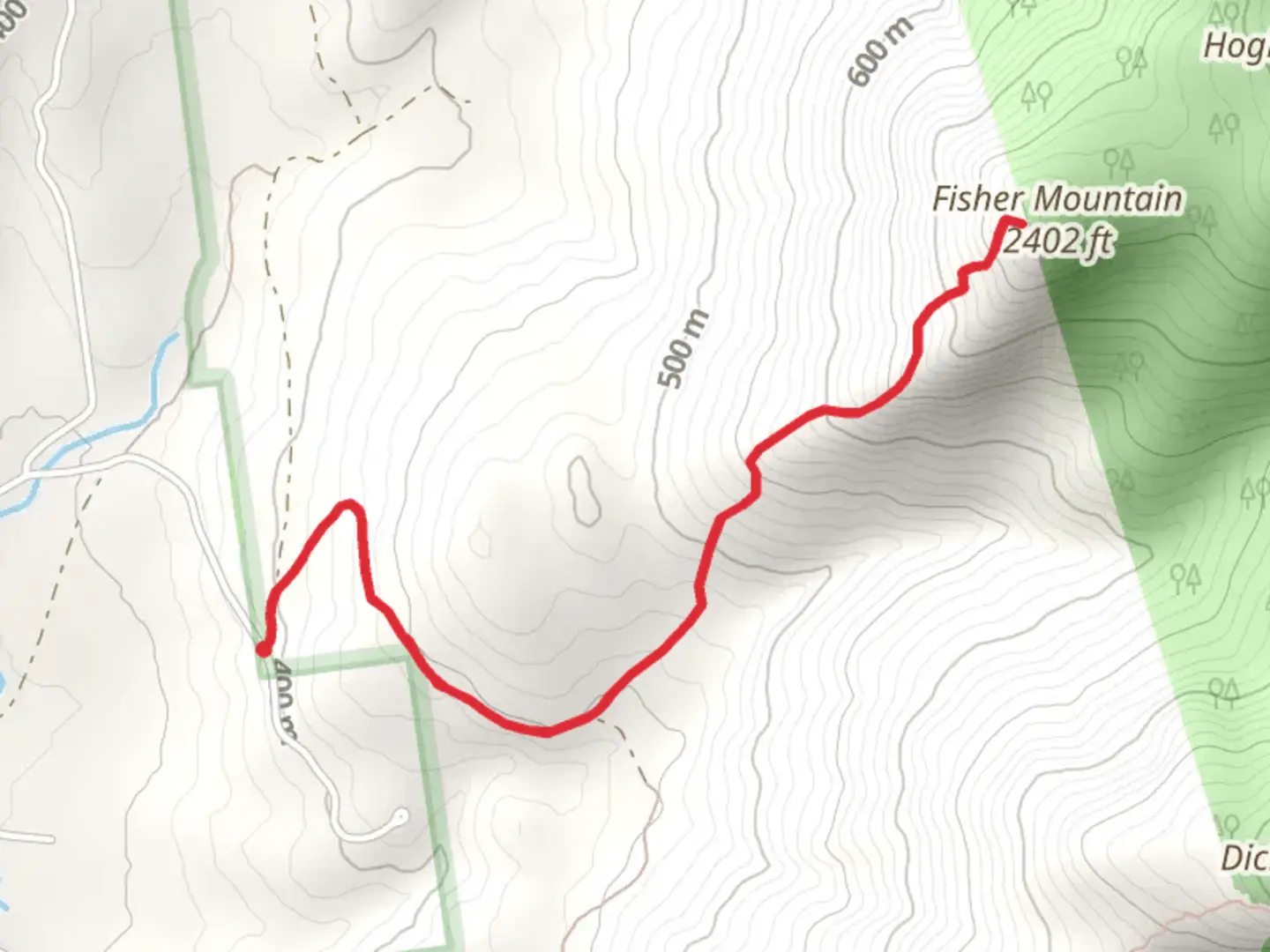 An image depicting the trail Fisher Mountain from Mill Brook Road and its surrounding area.