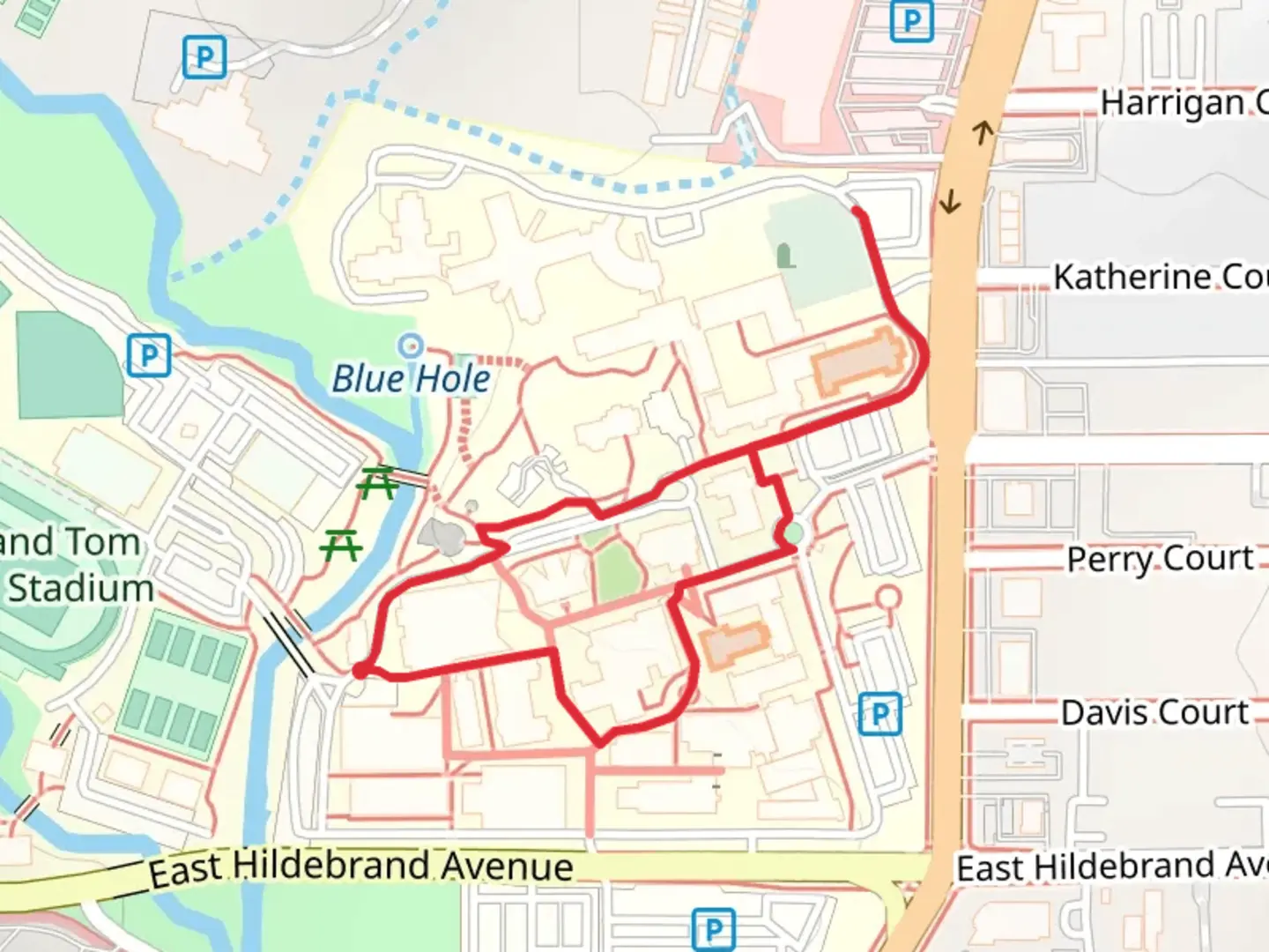 An image depicting the trail Mission Plaza Loop and its surrounding area.