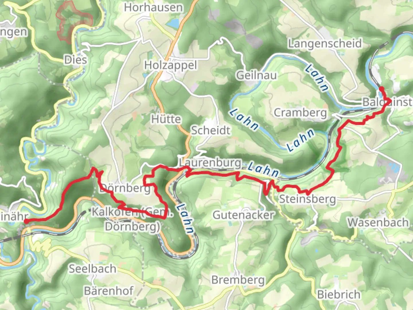 An image depicting the trail Balduinstein to Obernhof Walk and its surrounding area.