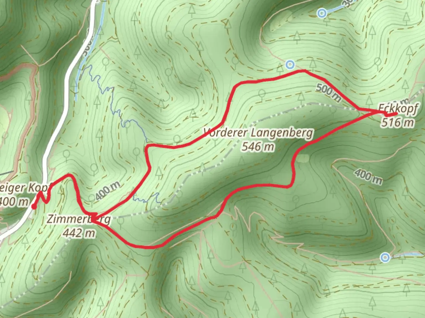 An image depicting the trail Eckkopf via Pfaelzerwald Weisser Punkt and its surrounding area.