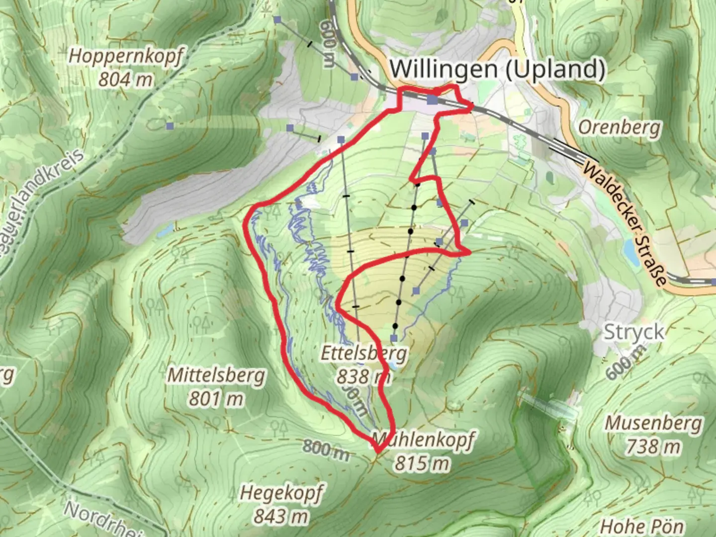 An image depicting the trail Ettelsberg Loop via W4 Willingen and its surrounding area.