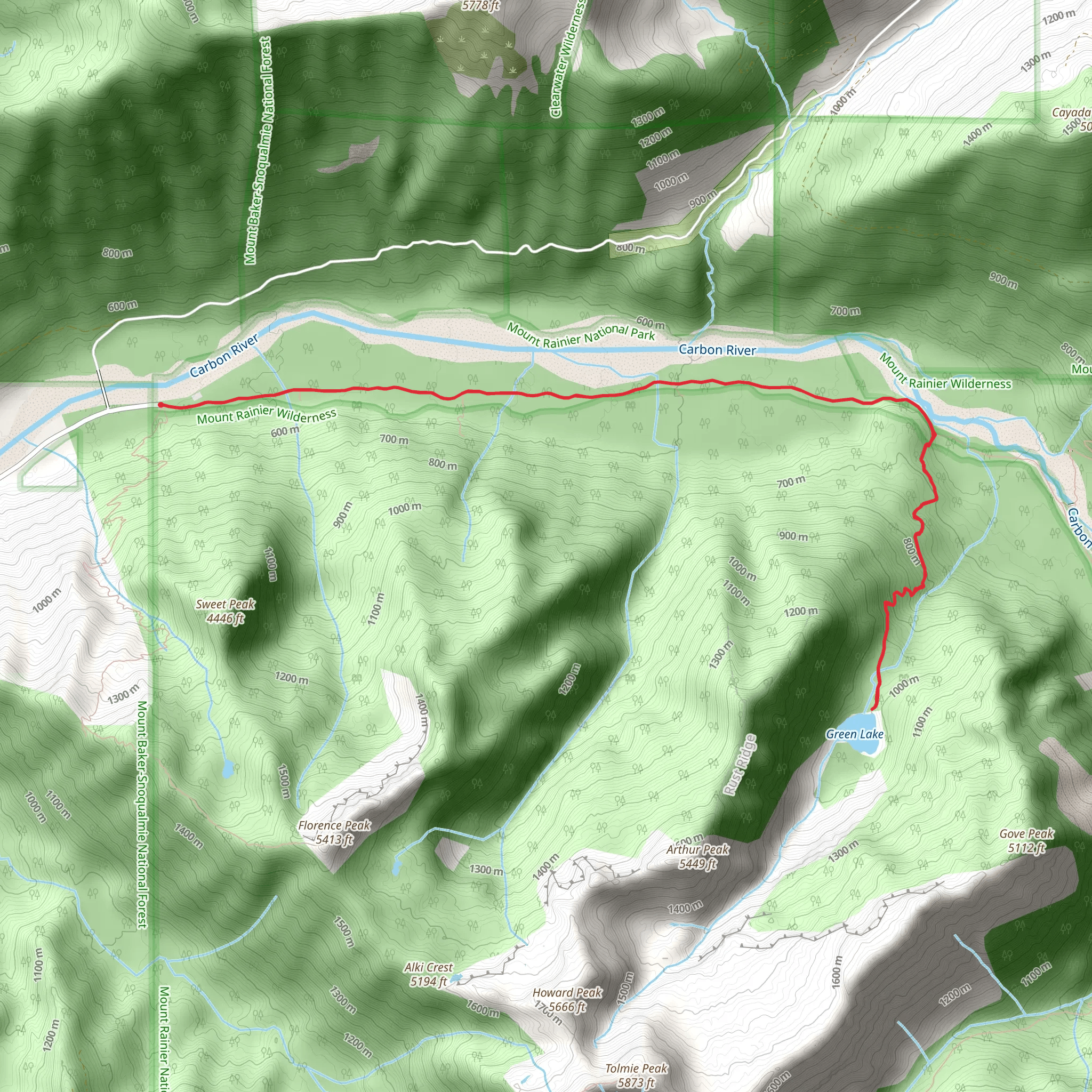 Green Lake via Carbon River Trail mobile static map