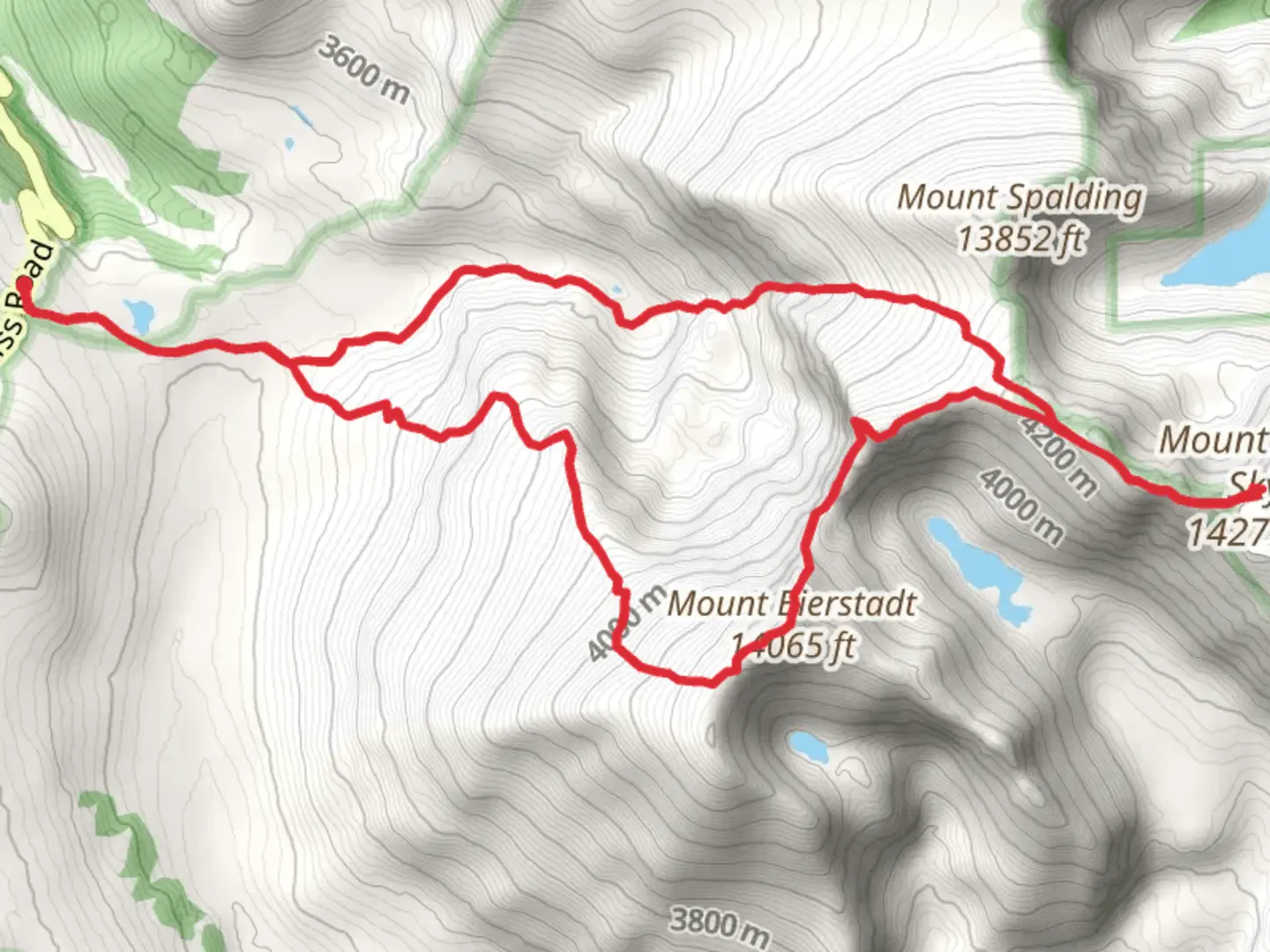 An image depicting the trail Mount Bierstadt and Mount Blue Sky Loop and its surrounding area.