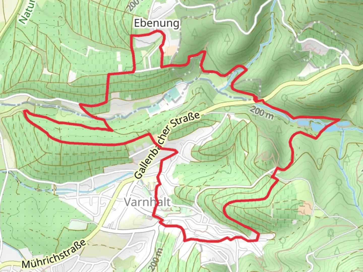 An image depicting the trail Fischteich via Oberer Sinegraben and Ebenung Gallenbach and its surrounding area.