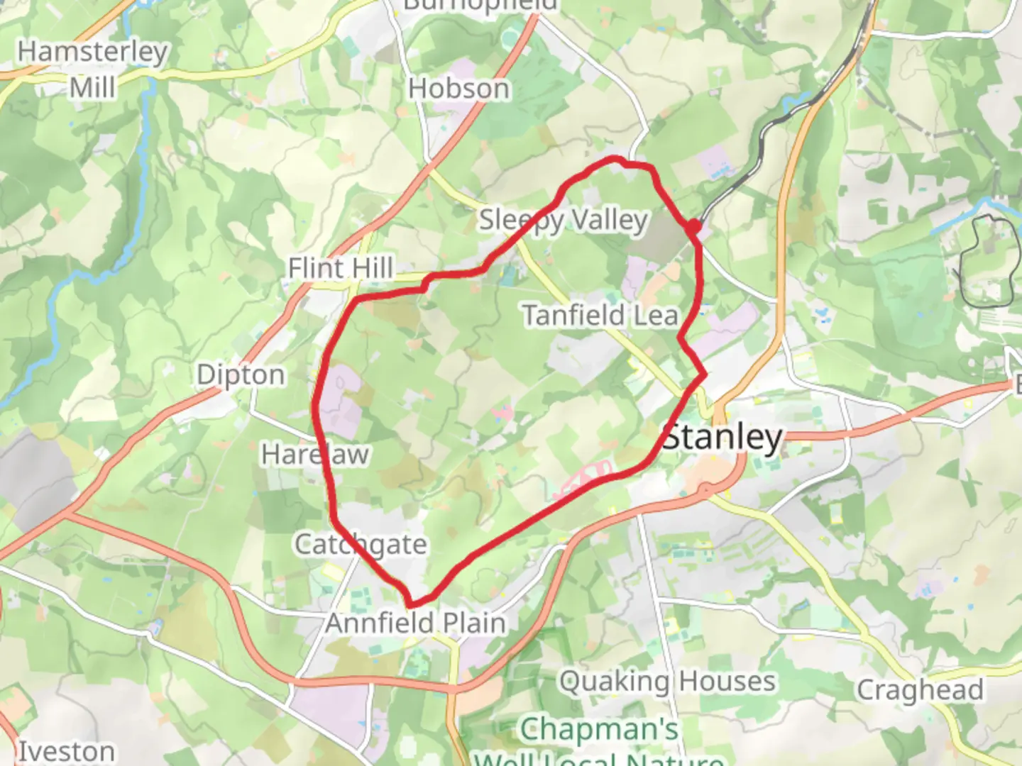 An image depicting the trail Tanfield Lea Marsh LNR and Stanley Country Park Loop and its surrounding area.