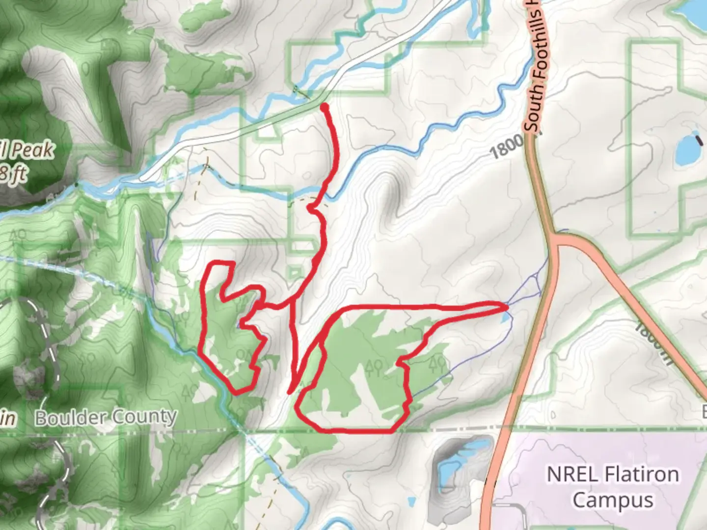 An image depicting the trail Spring Brook North, FlatIrons Vista North Loop via Doudy Draw Trail and its surrounding area.