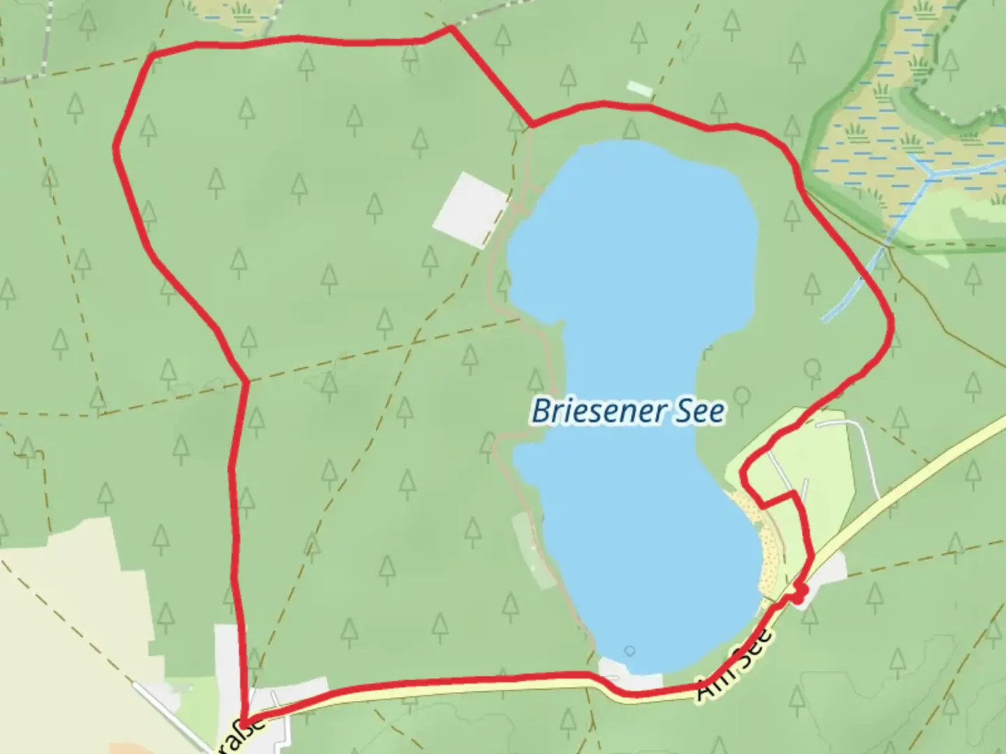 An image depicting the trail Briesener See via Rundwanderweg Briesener See and Wanderweg Luebben Goyatz and its surrounding area.