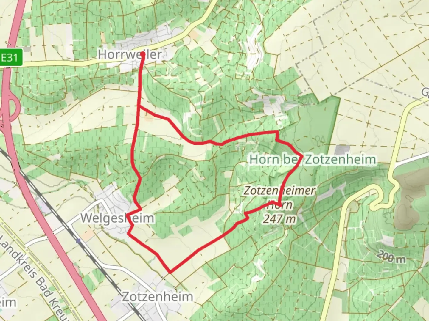 An image depicting the trail Zotzenheimer Horn via Sprendlinger Hoehenweg and its surrounding area.