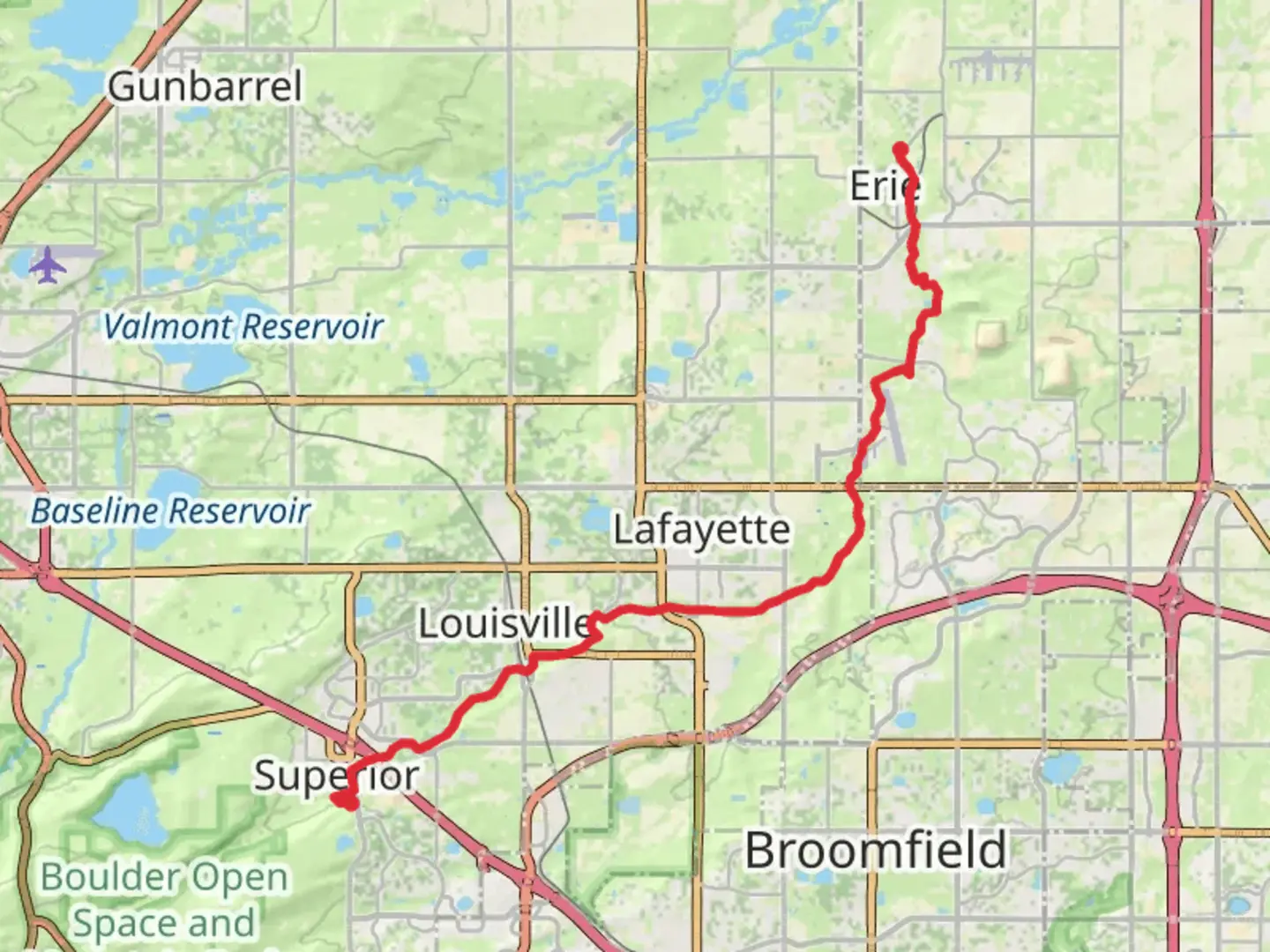 An image depicting the trail Coal Creek Trail - Superior and its surrounding area.