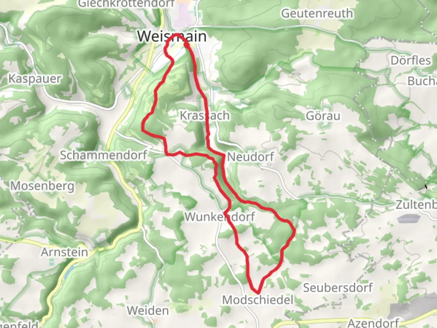 An image depicting the trail Weismain and Grober Poppenberg Loop and its surrounding area.