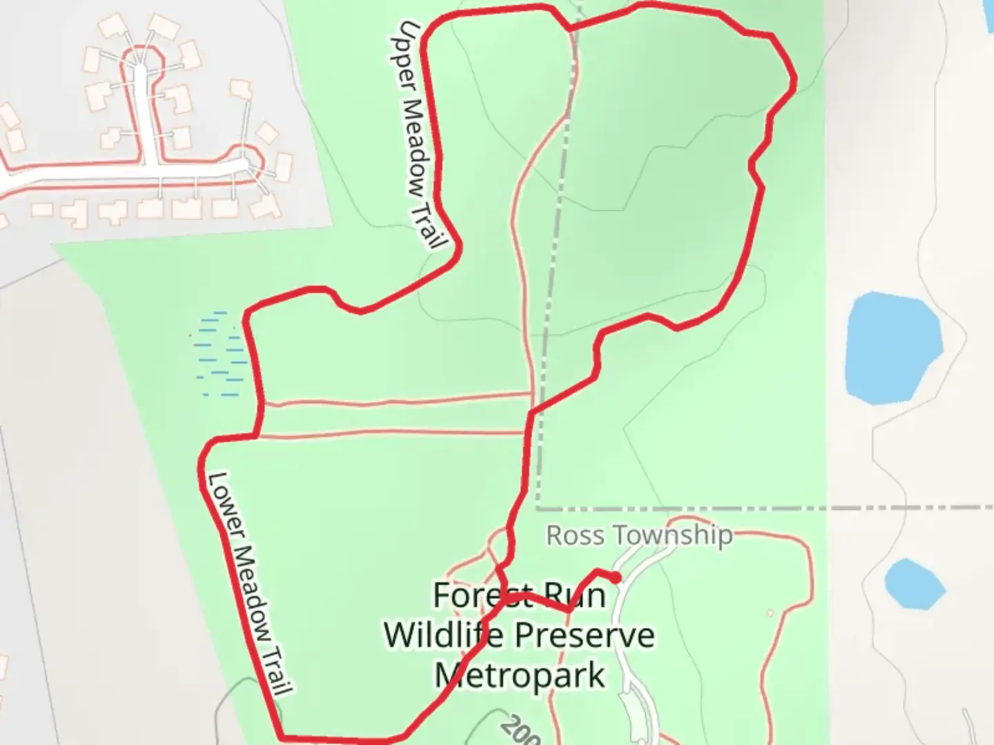 An image depicting the trail Forest Run Wildlife Preserve Metropark Loop and its surrounding area.
