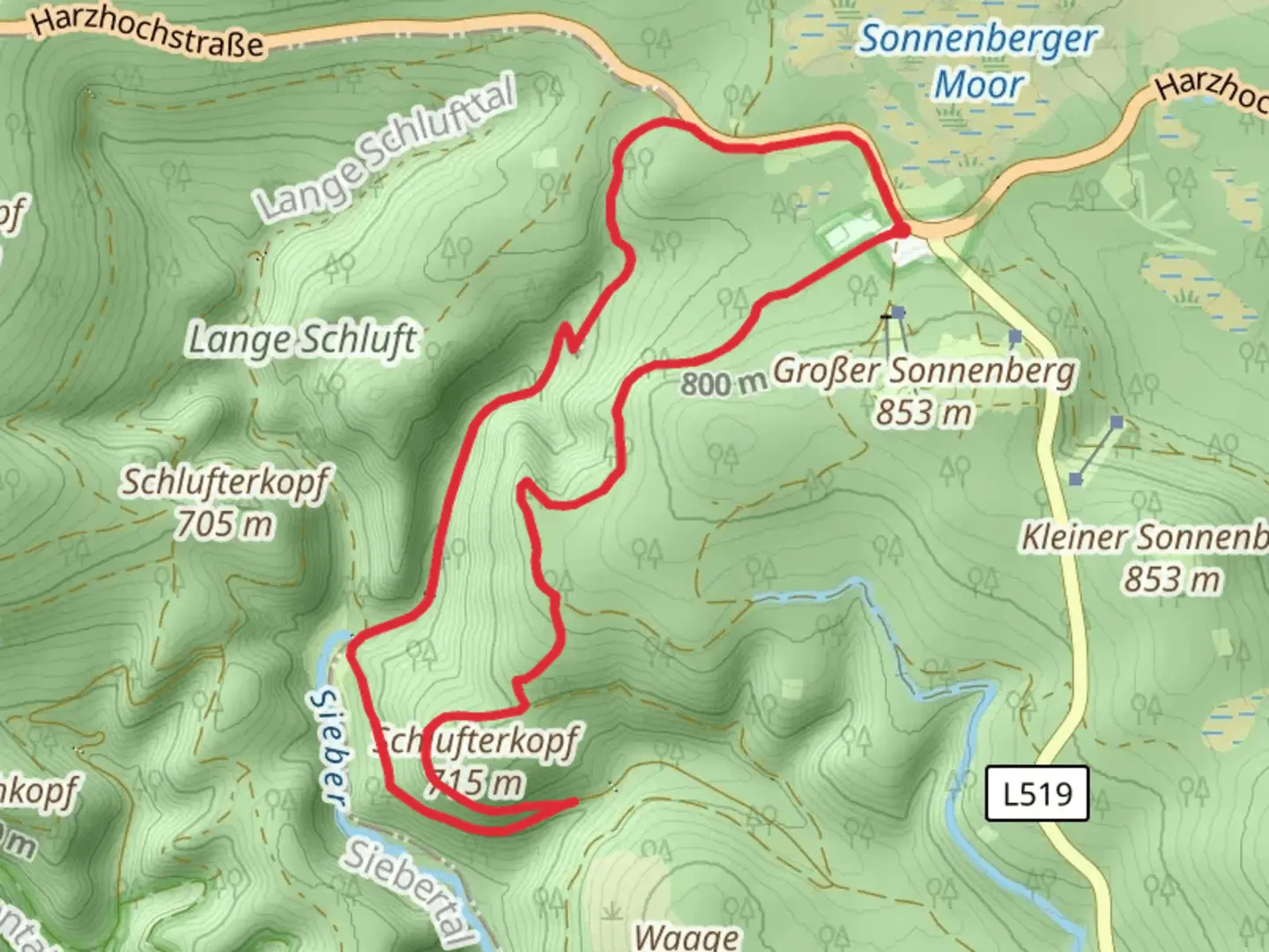 An image depicting the trail Harzklub Weg and Skihuettenweg and its surrounding area.