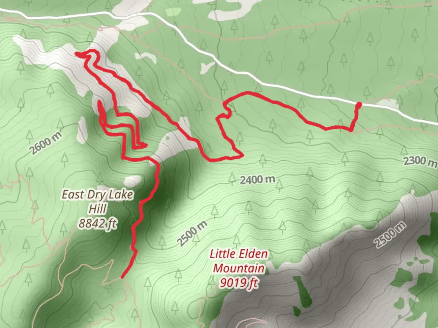 An image depicting the trail Little Bear Trail via Little Elden Trail and its surrounding area.