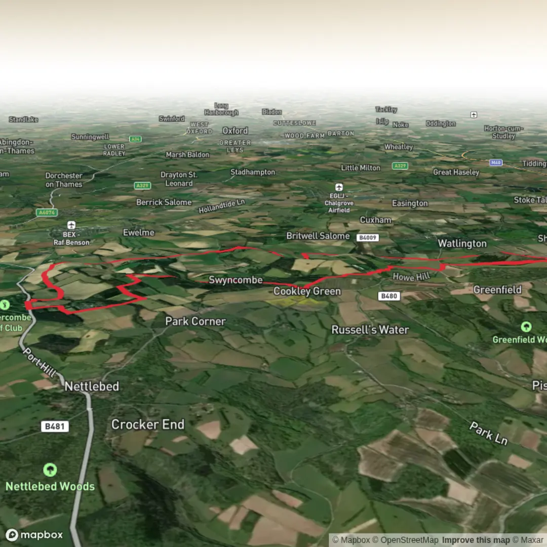 An image depicting the trail Watlington Hill, Watlington White Mark and Ewelme Park via Swan's Way and its surrounding area.