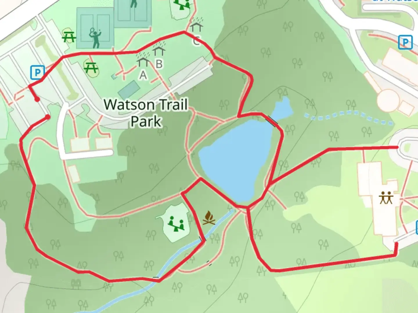An image depicting the trail Watson Trail Park Loop and its surrounding area.