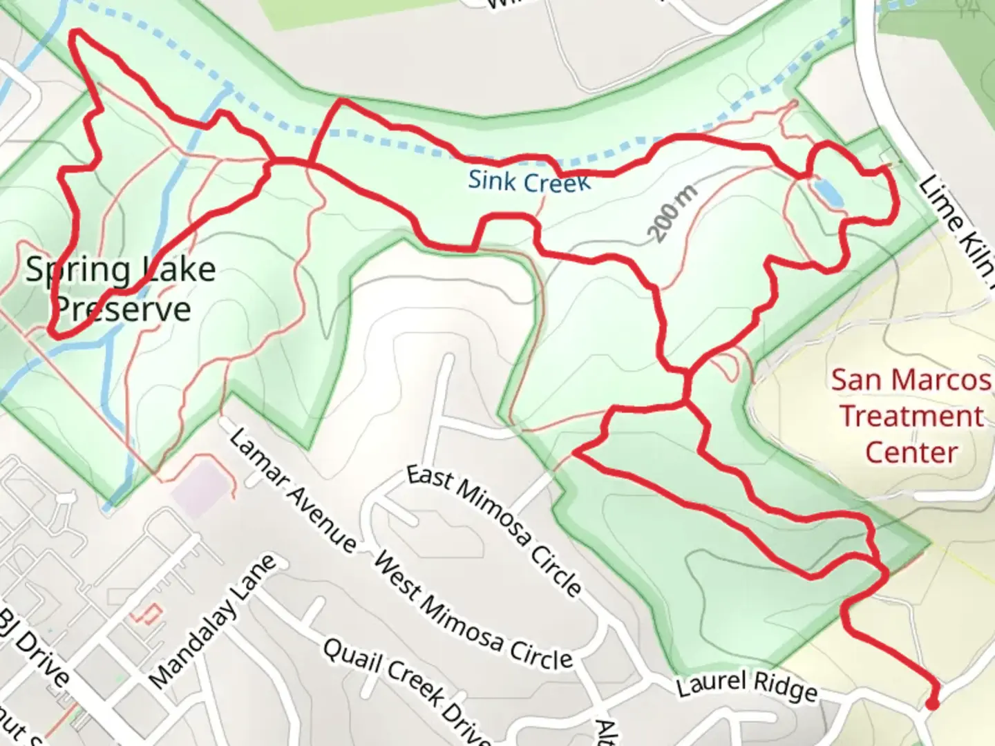 An image depicting the trail Blind Salamander Way, Buckeye and Blue Stem Loop - Spring Lake Preserve and its surrounding area.