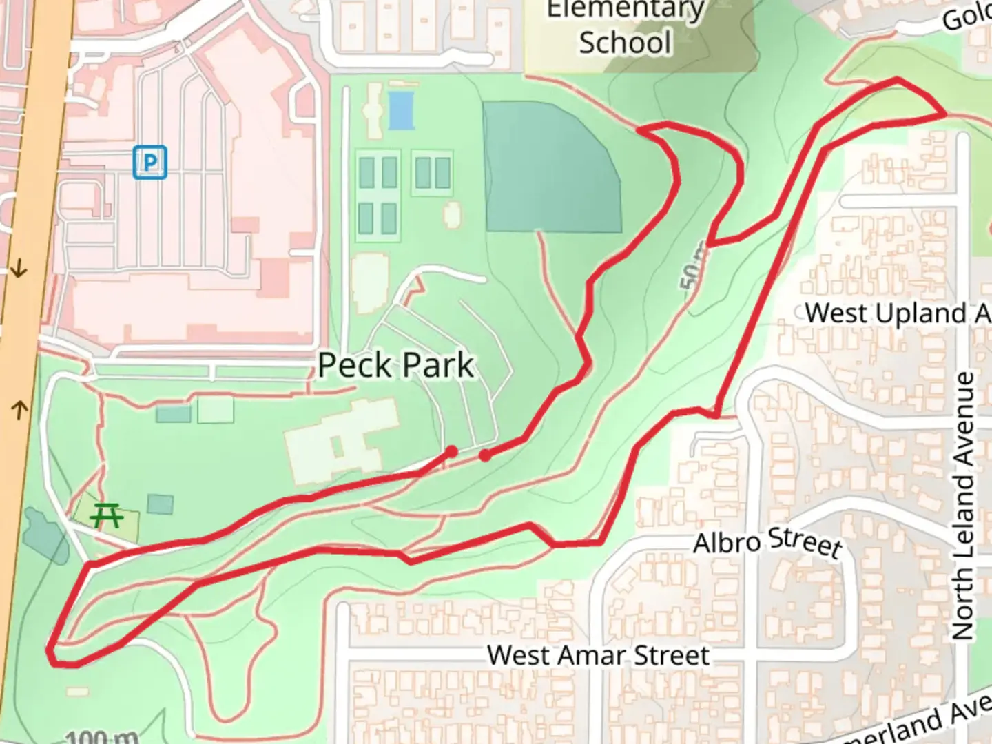 An image depicting the trail Peck Park South Loop and its surrounding area.