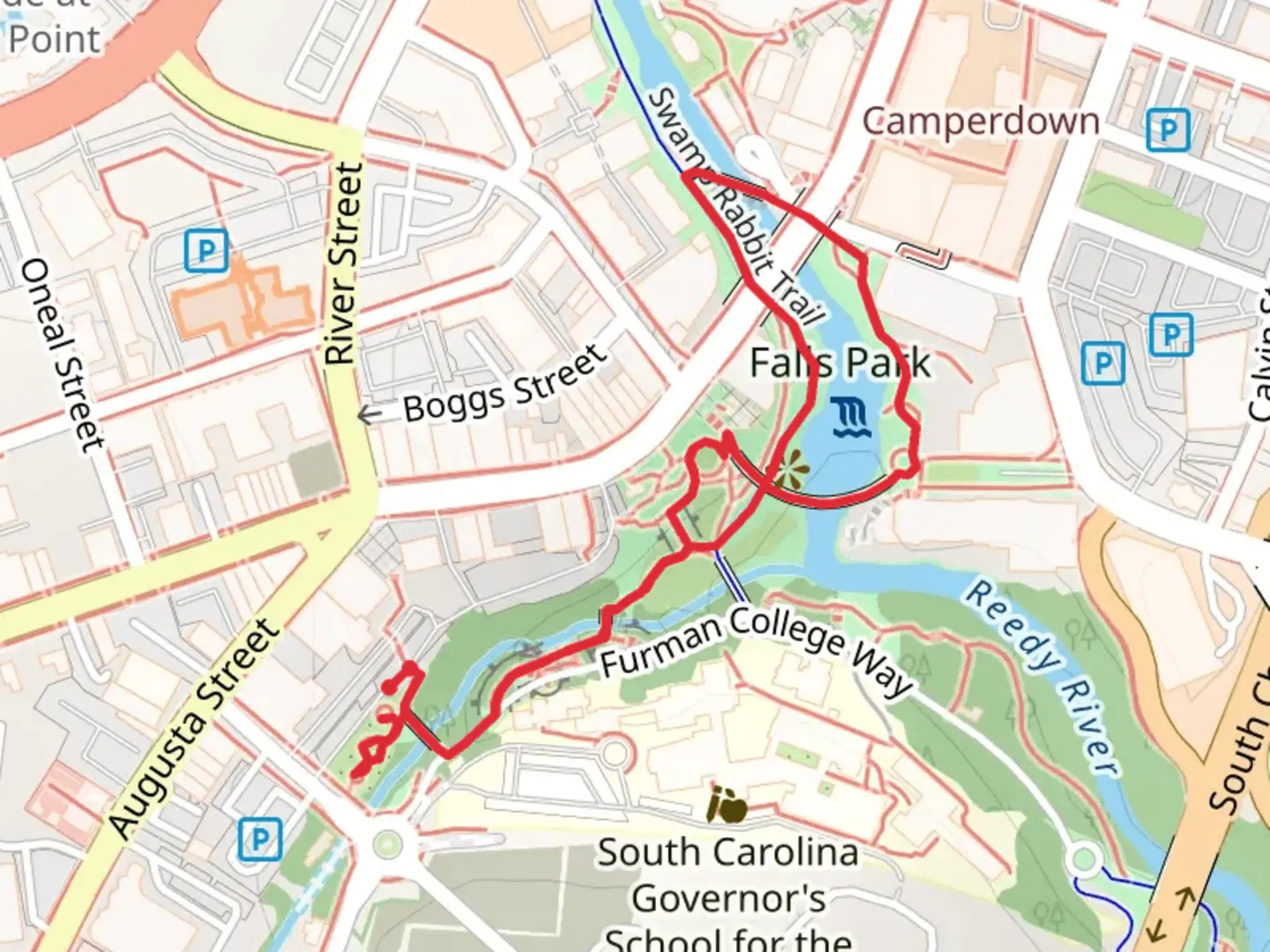 An image depicting the trail Harriet Garden, Park Crossing, Liberty Bridge and Swamp Rabbit Trail and its surrounding area.