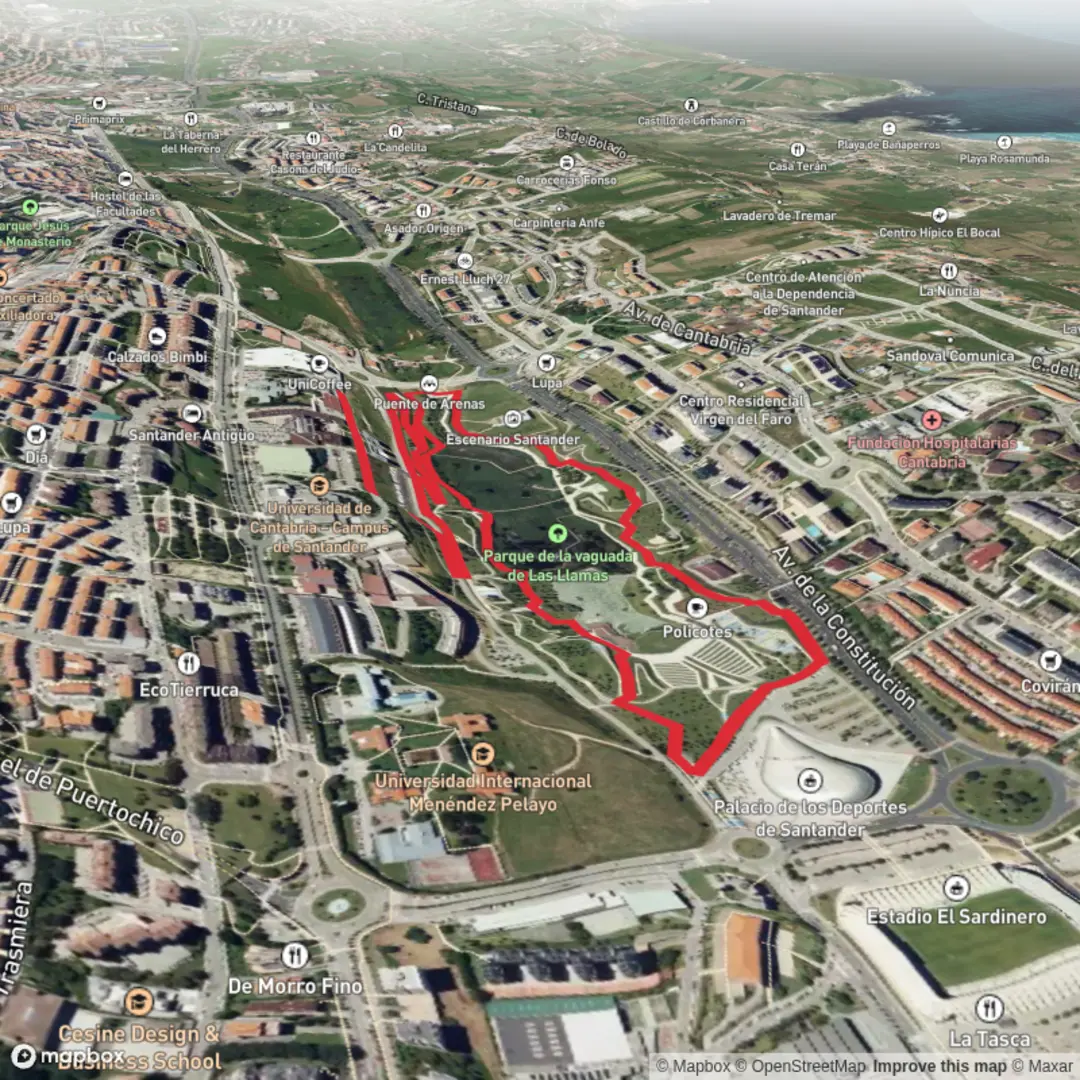 An image depicting the trail Las Llamas Atlantic Park and Pond Loop and its surrounding area.