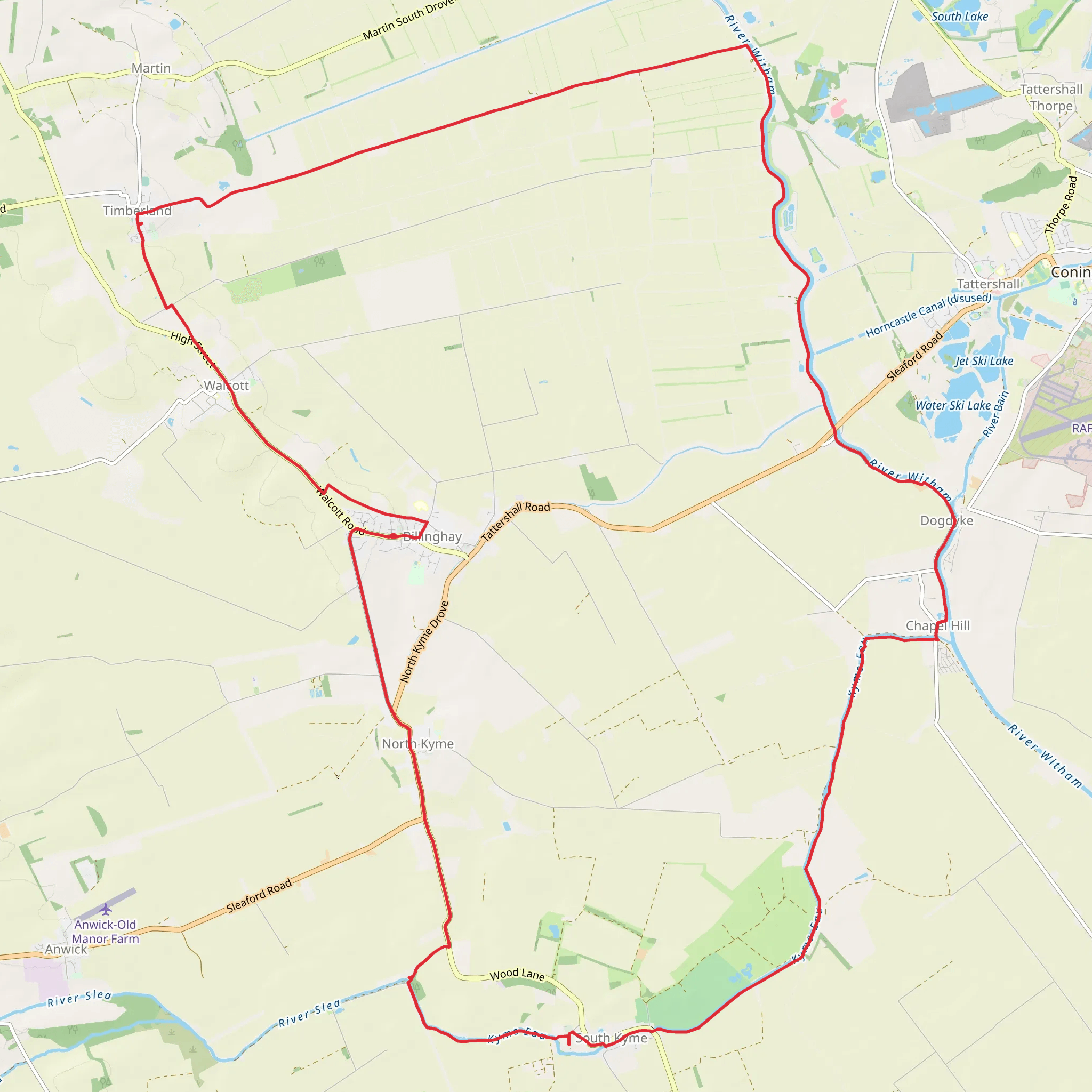 Hike from Billinghay to chapel to Timberland and back to Billinghay mobile static map
