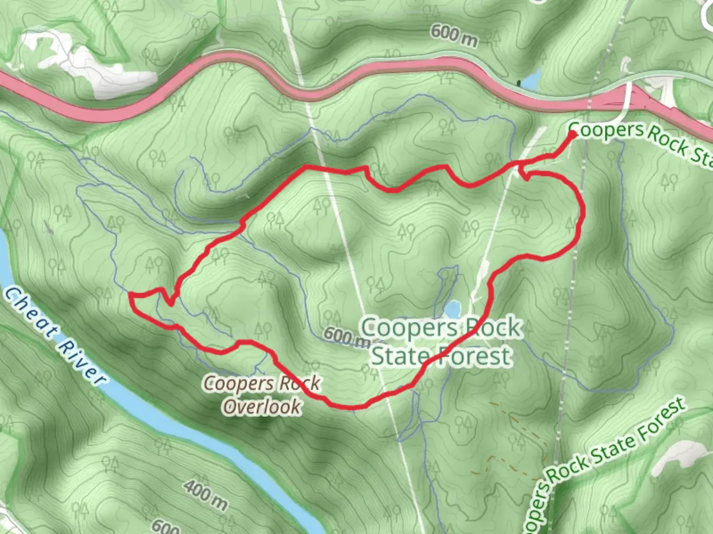 An image depicting the trail Parking Area, Rock City and Roadside Loop Trail and its surrounding area.