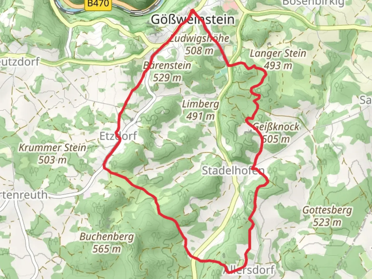 An image depicting the trail Rundwanderweg Goessweinstein Foerstelstein and Waldlehrpfad and its surrounding area.