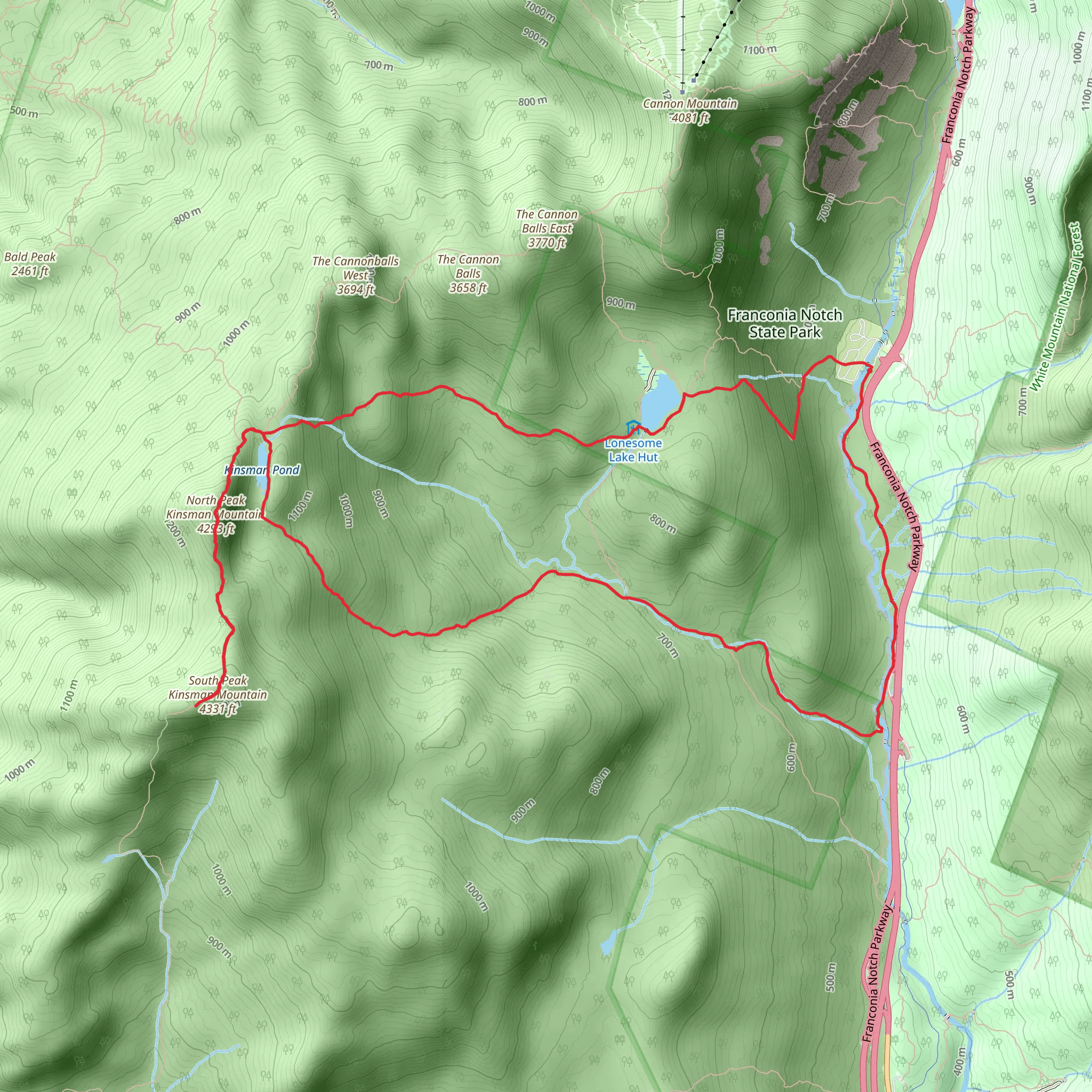 Lonesome Lake, Kinsman Pond and Kinsman Mountain Peak Loop mobile static map