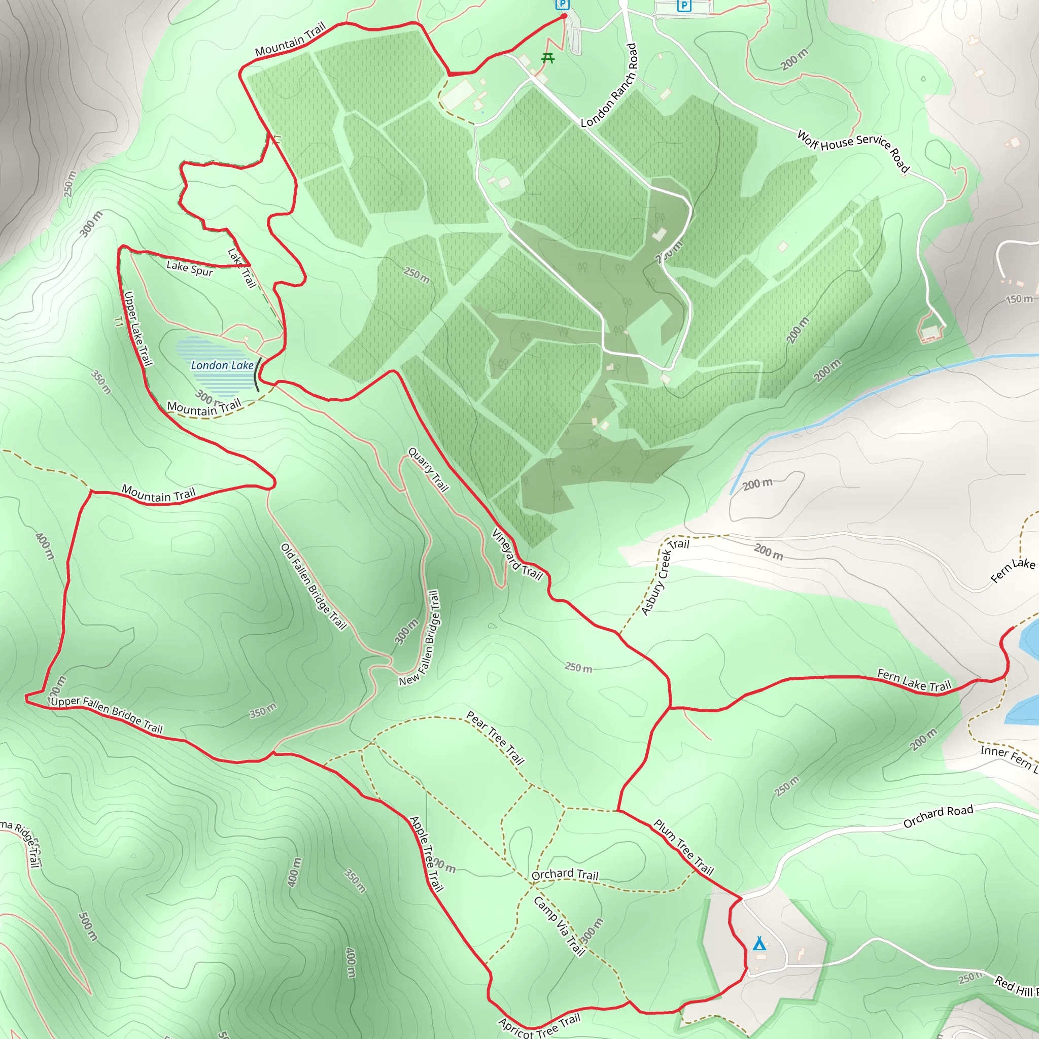 London Lake and Upper Fallen Bridge Loop TrailLoop mobile static map