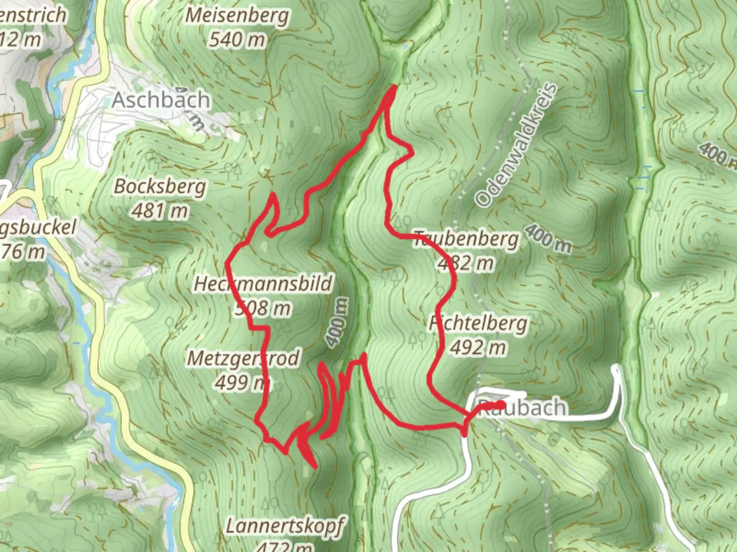 An image depicting the trail Dürr-Ellenbachtal von Wald-Michelbach Loop via Heckmannsblid and its surrounding area.