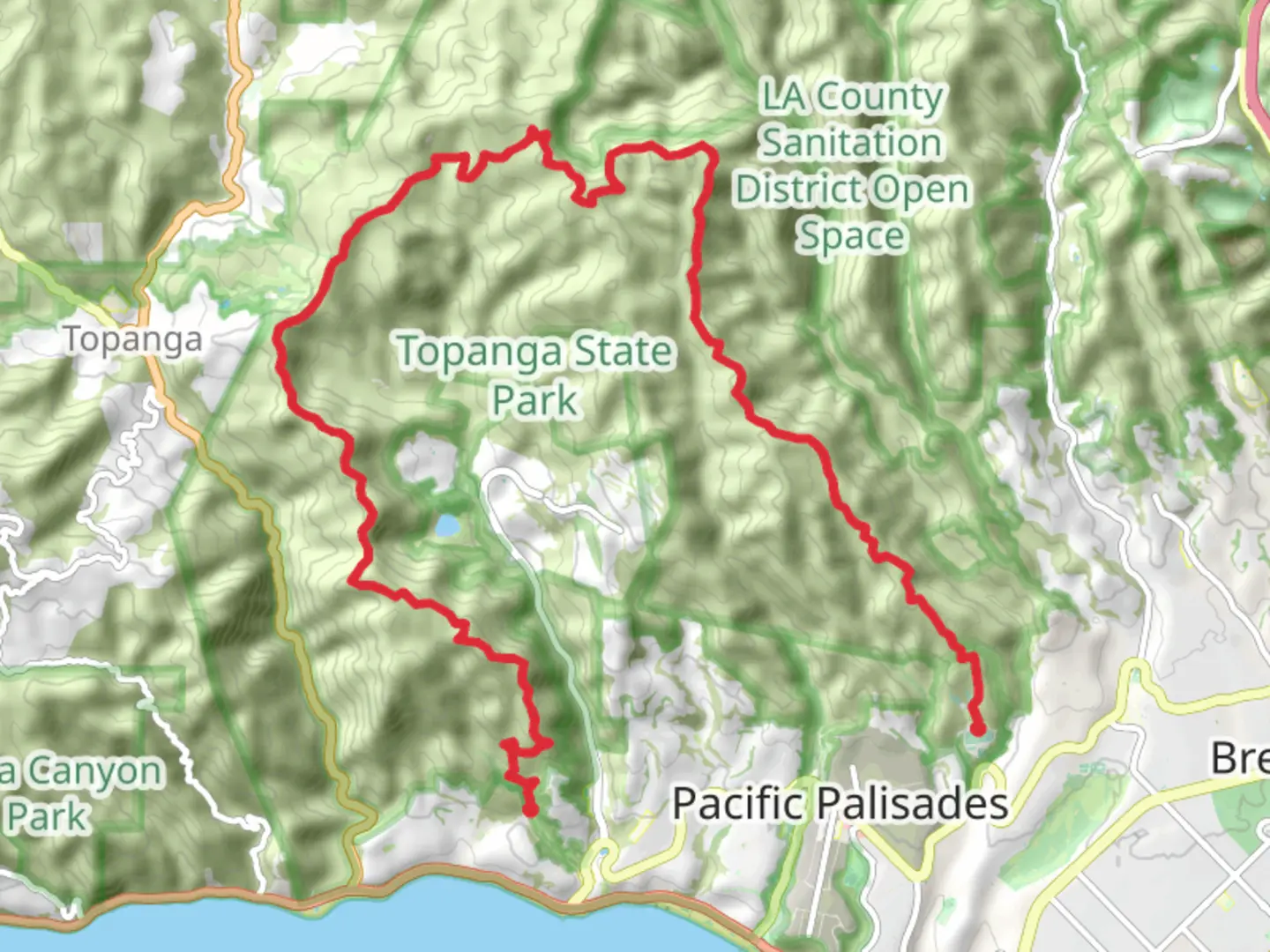 An image depicting the trail Los Liones and Temescal Ridge Trail and its surrounding area.