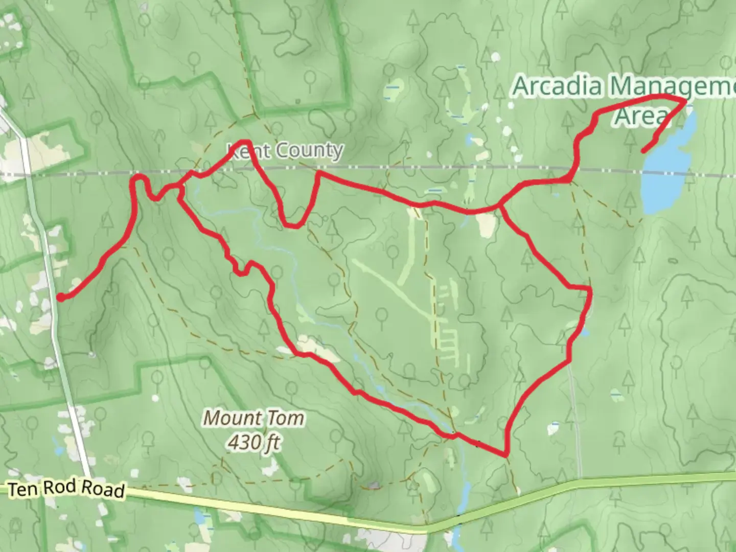 An image depicting the trail Breakheart Pond, Shelter and North South Loop Trail and its surrounding area.