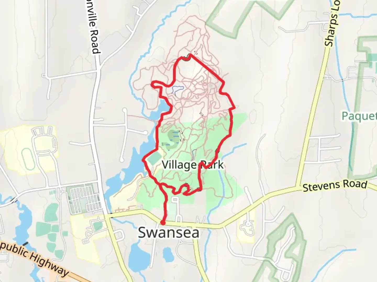 An image depicting the trail Village Park Loop - Swansea and its surrounding area.