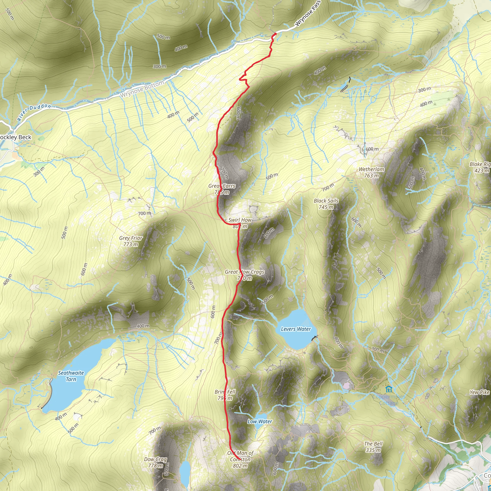 Old Man of Coniston, Brim Fell and Top of Broad Slack via Wrynose Pass mobile static map