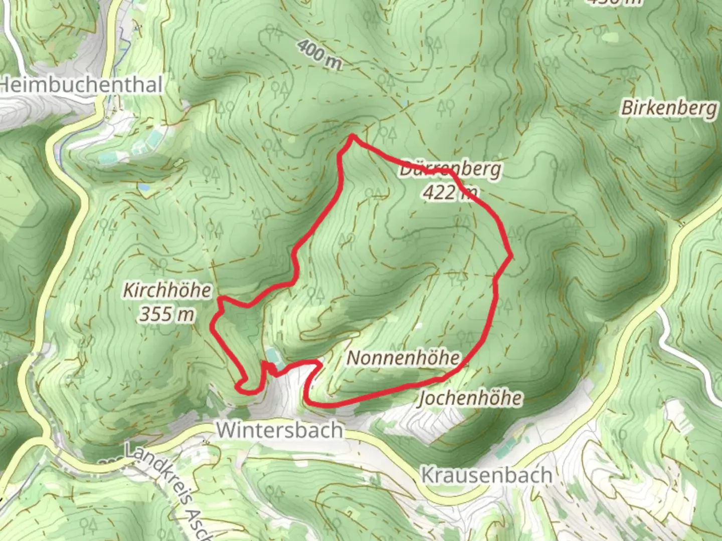 An image depicting the trail Ortswanderweg Dammbach and Kulturweg Dammbach and its surrounding area.