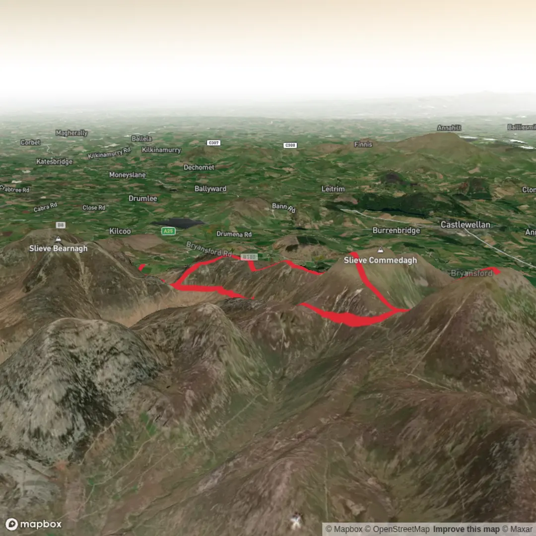 An image depicting the trail Mournes - standard - 2026 and its surrounding area.