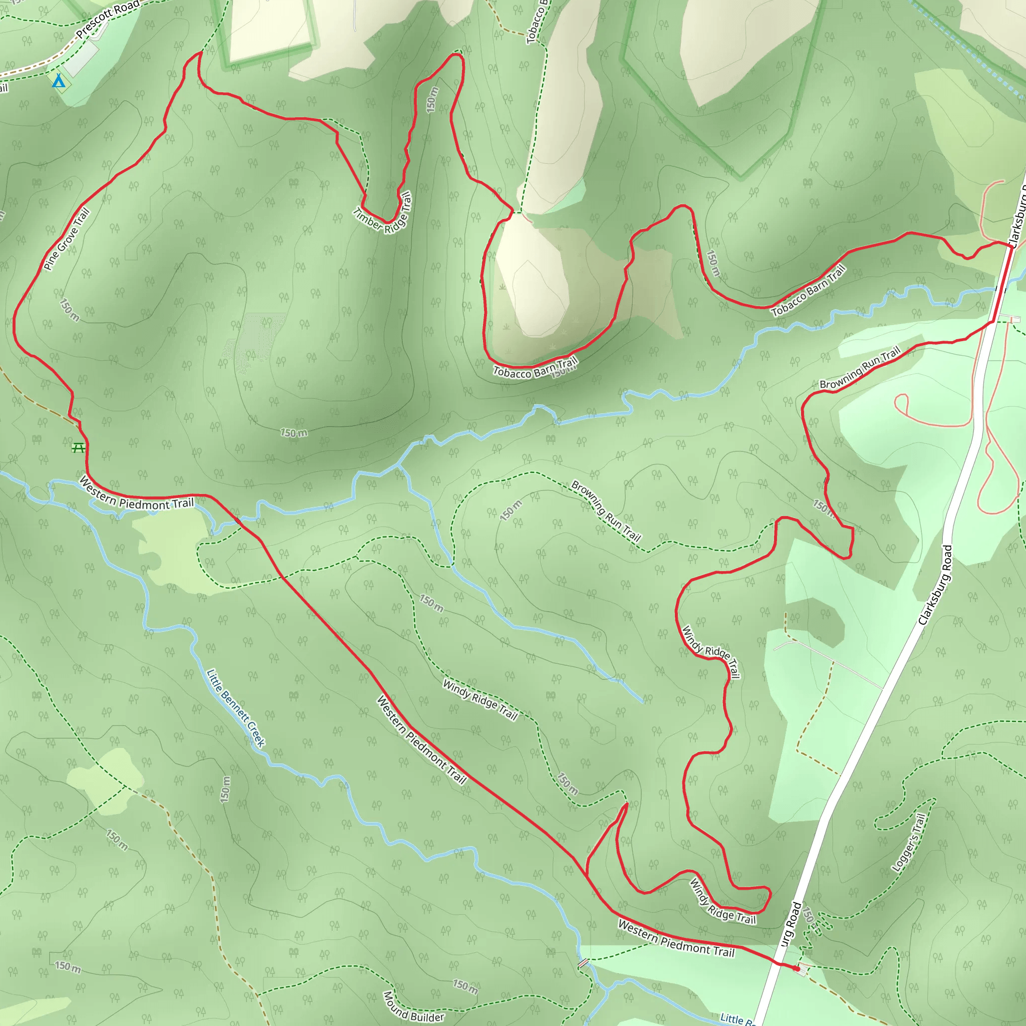 Western Piedmont Trail, Tobacco Barn Trail and Windy Ridge Loop Trail mobile static map