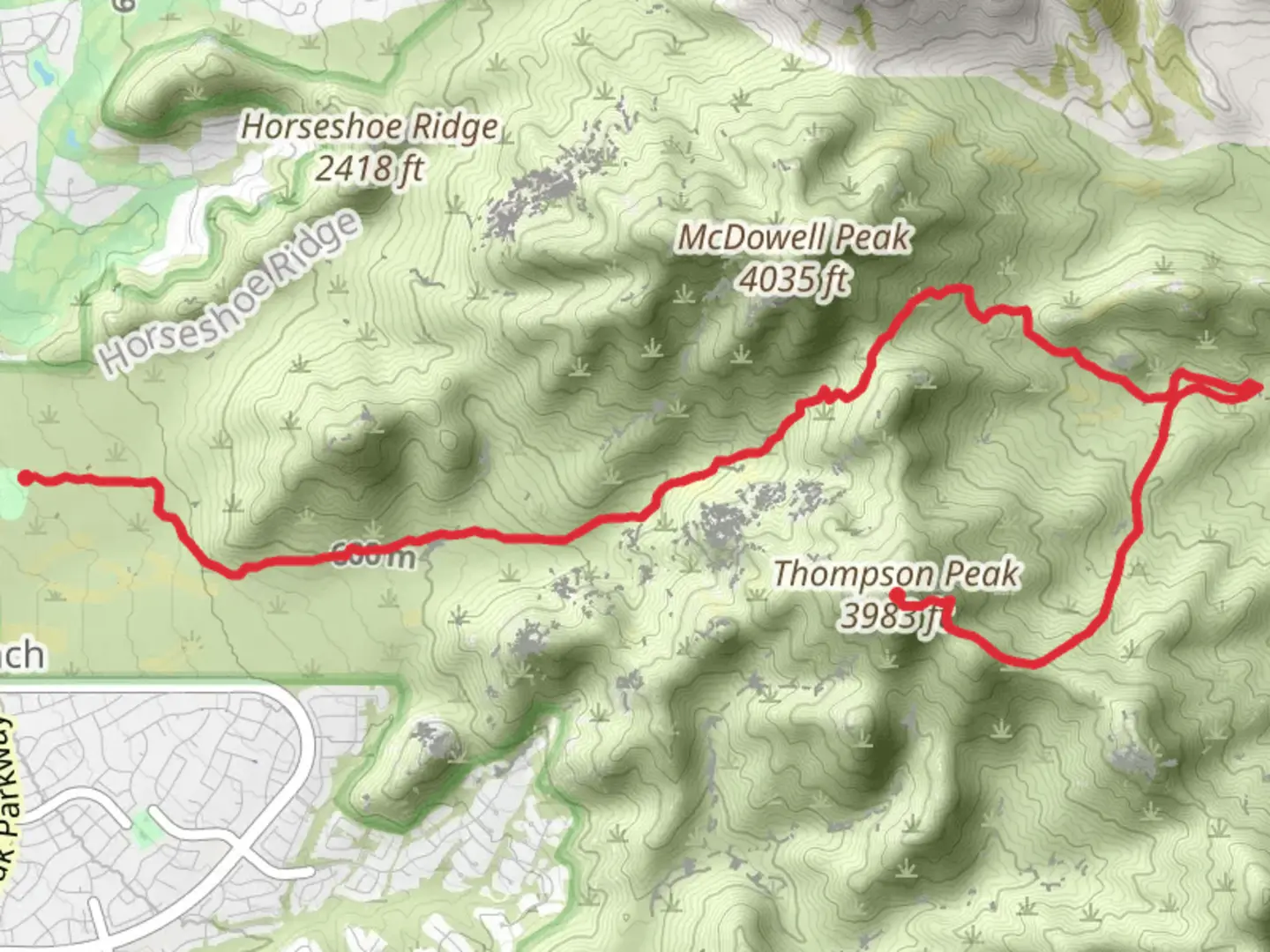 An image depicting the trail Thompson Peak via Saguaro Trail and its surrounding area.