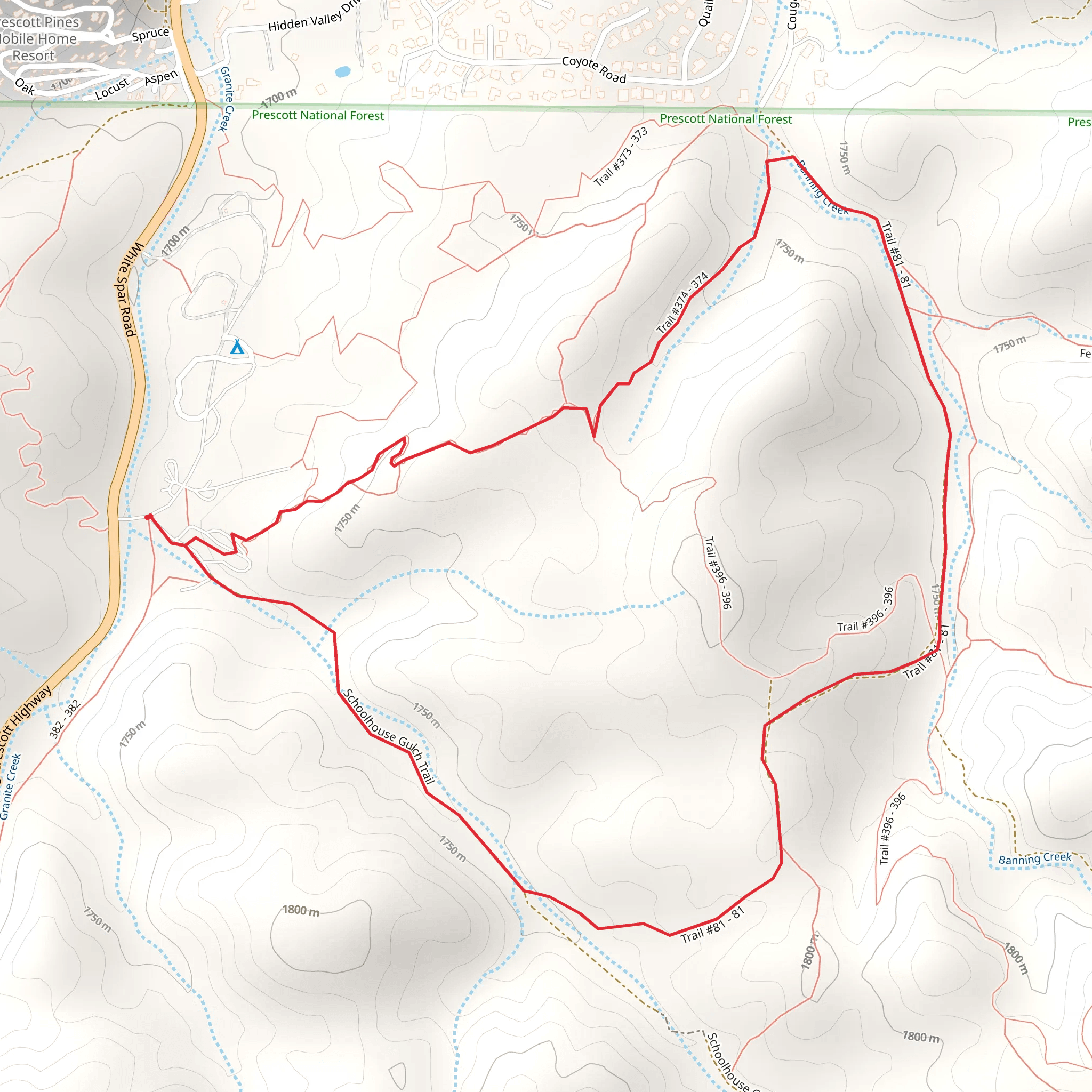 Prescott Circle, Banning Creek and Schoolhouse Gulch Loop Trail mobile static map