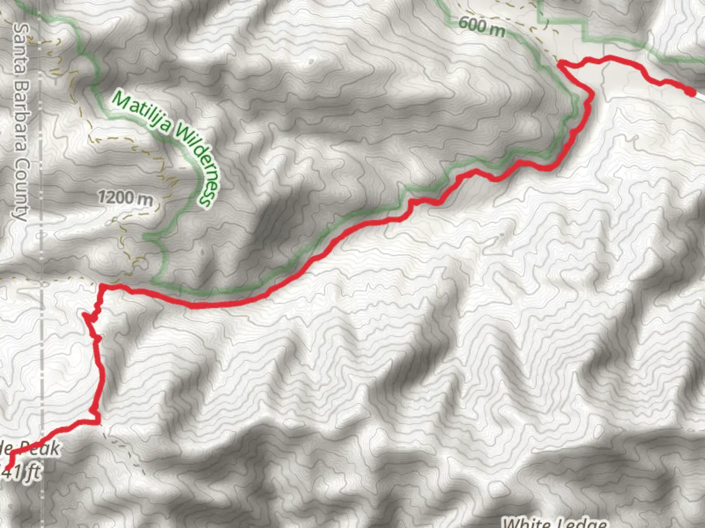 An image depicting the trail Divide Peak via Matilija Divide and Monte Arido Trail and its surrounding area.