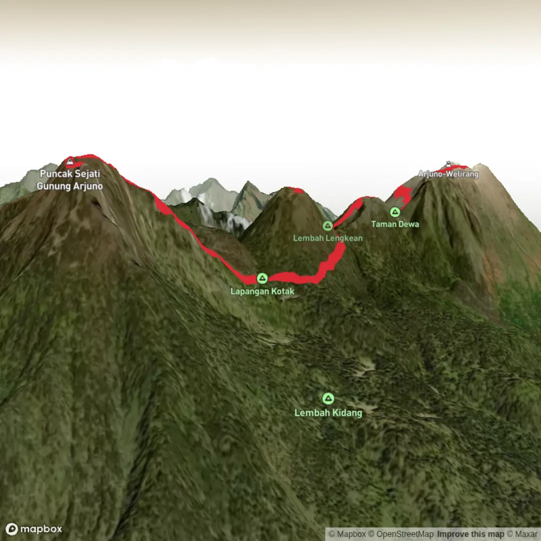 An image depicting the trail Gunung Arjuno, Gunung Welirang and Gunung Kembar Dua and its surrounding area.