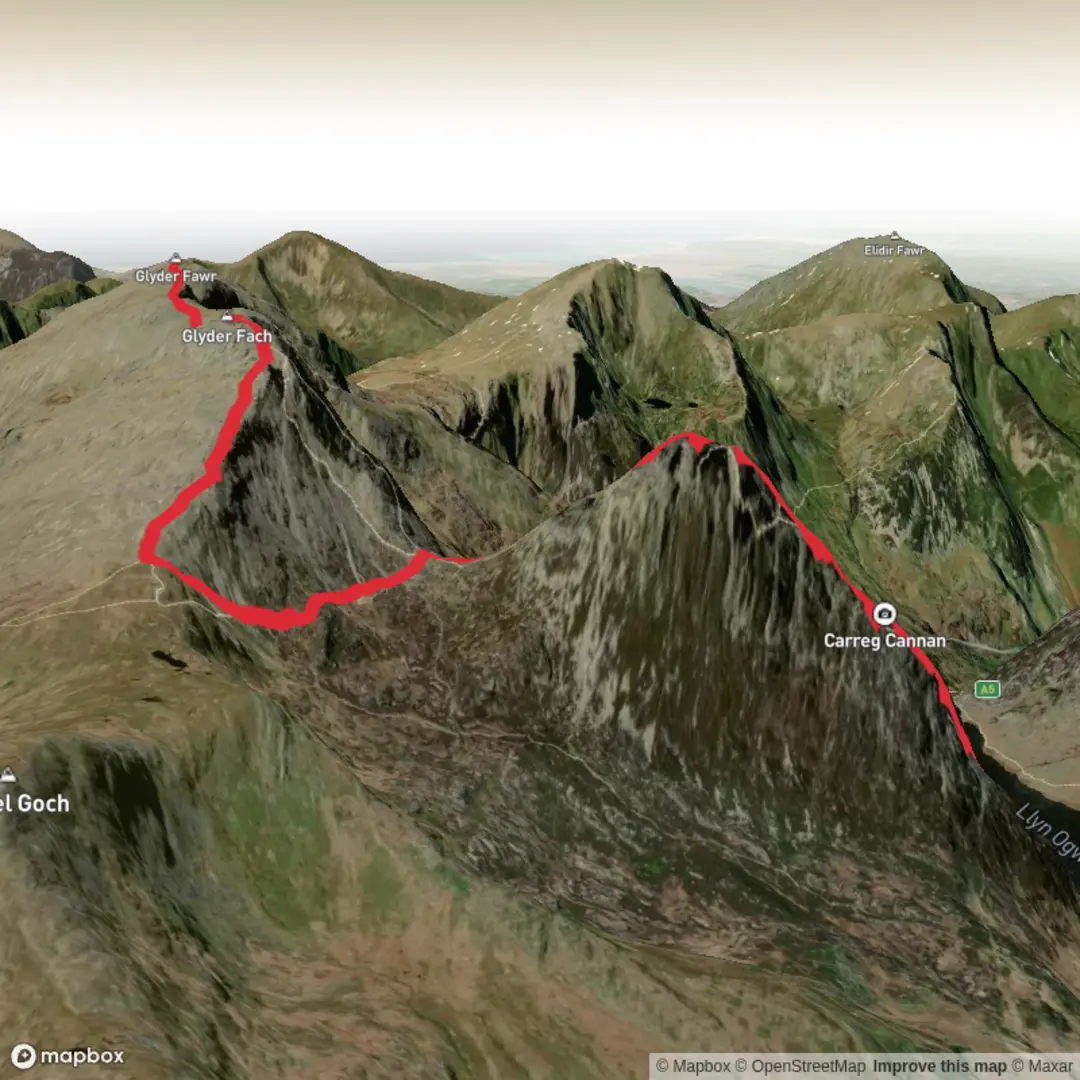 An image depicting the trail Jason Black Day 1 Wales Tryfan Glyders and its surrounding area.
