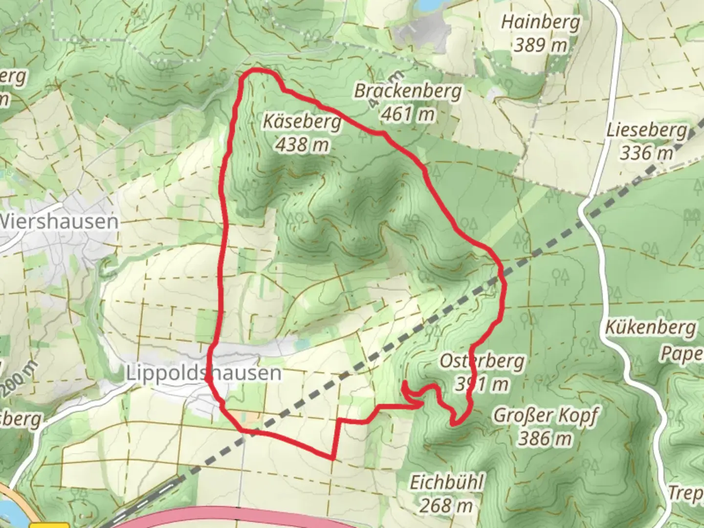 An image depicting the trail Über die Lippoldshaeuser Berge and its surrounding area.