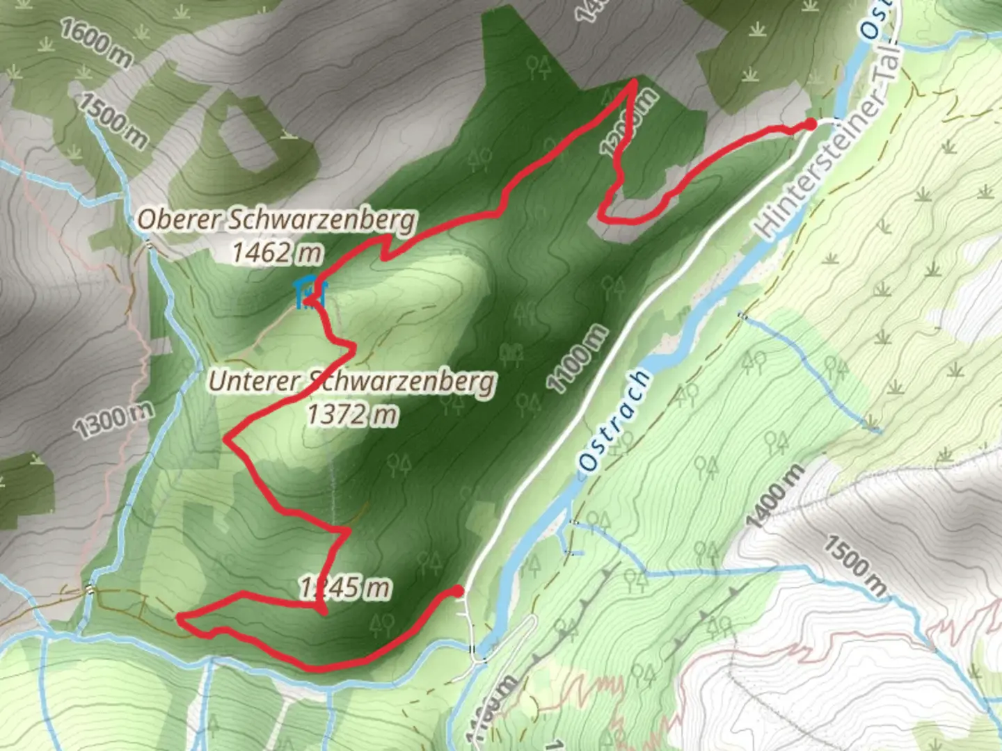 An image depicting the trail Untere Schwarzenbergalpe and its surrounding area.