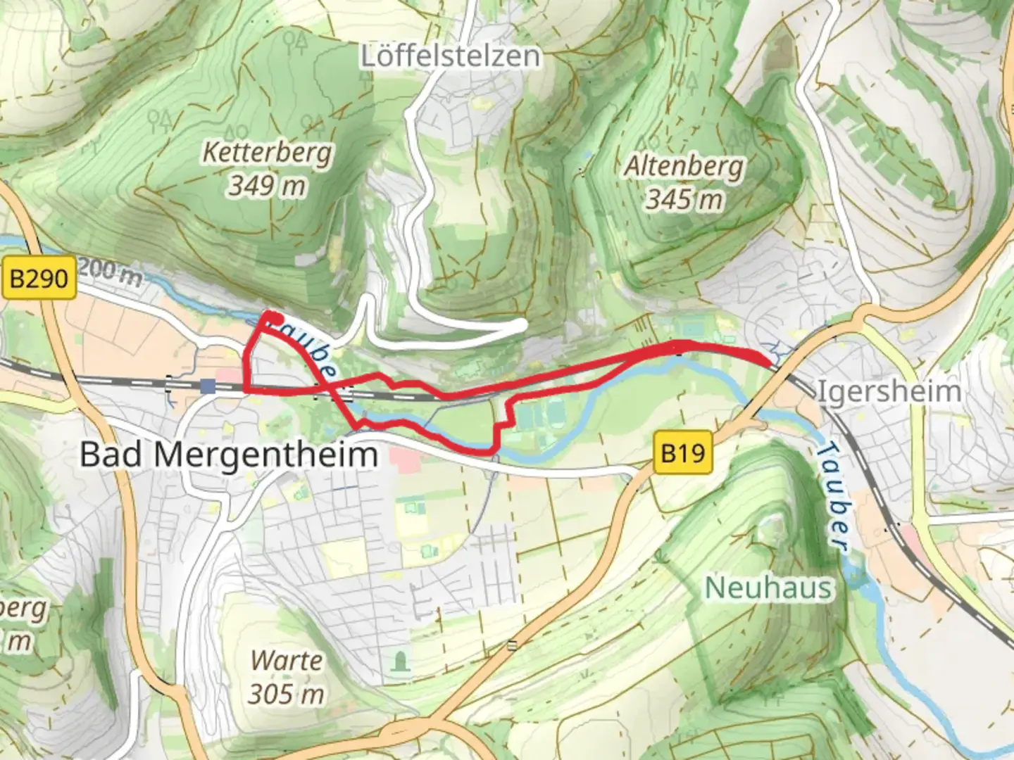 An image depicting the trail Tauber via Pfarrer-Sebastian Kneipn Weg and Main Neckar Rhein Weg and its surrounding area.