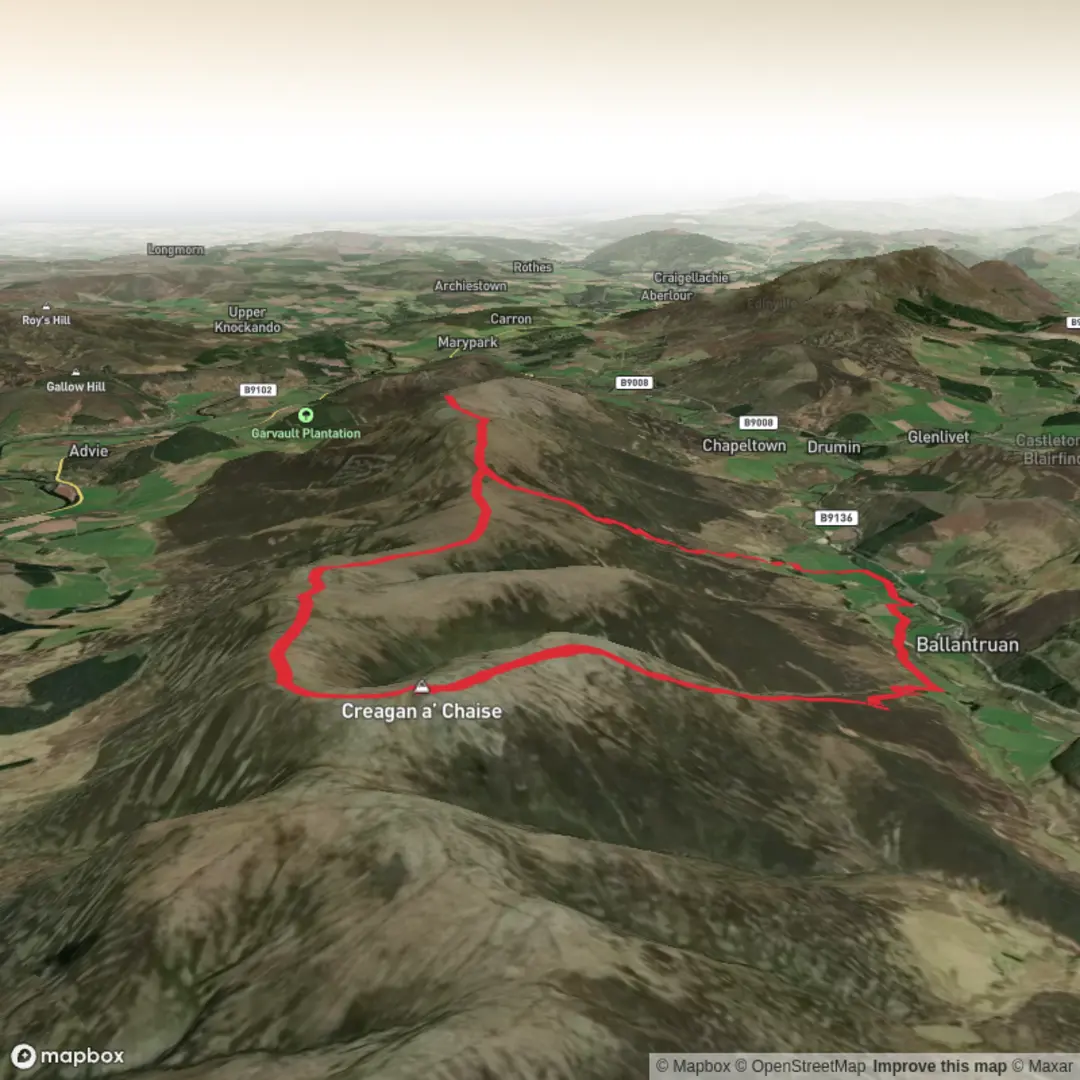 An image depicting the trail Creagan a' Chaise, Carn Eachie and Carn a' Ghille Chearr Loop and its surrounding area.