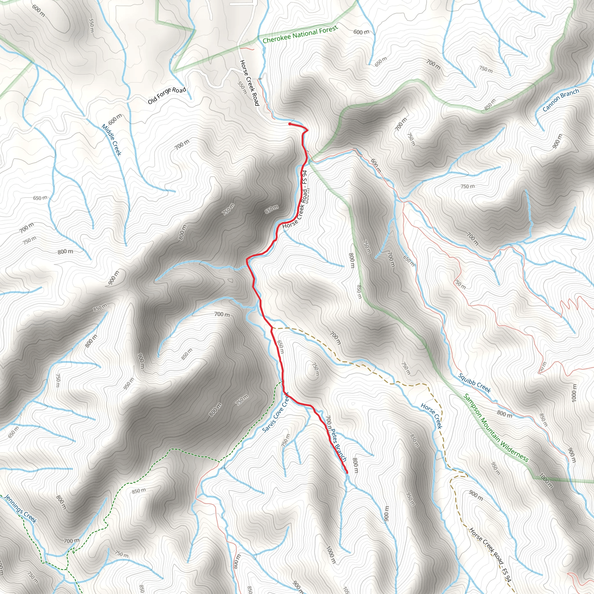 Pete's Branch Trail via Horse Creek Road mobile static map